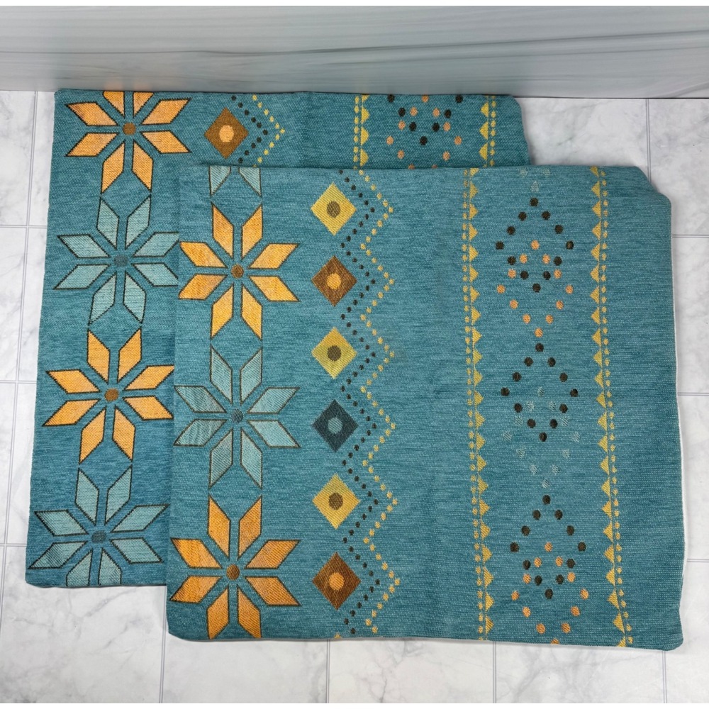 Set of 2 Teal Southwestern Geometric Snowflake Woven Throw Pillow Covers 17.5in